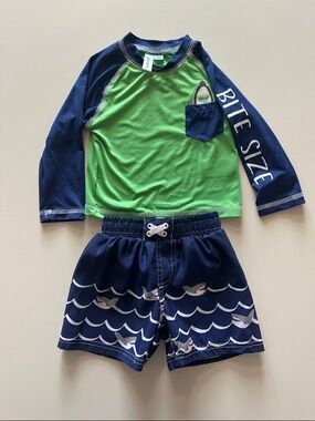 🌊 18M Boy Shark Rashguard Swim Trunk Set - Green & Navy